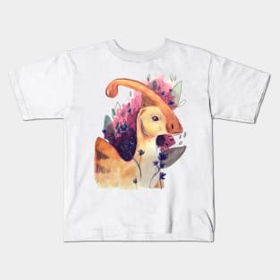 Cute Parasaurolophus Dinosaur Painting with Flowers and Leaves Kids T-Shirt